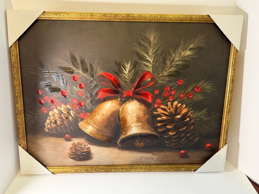 Christmas Bells Pinecones Red Berries Framed Wall Art Holiday Decor Gold Frame